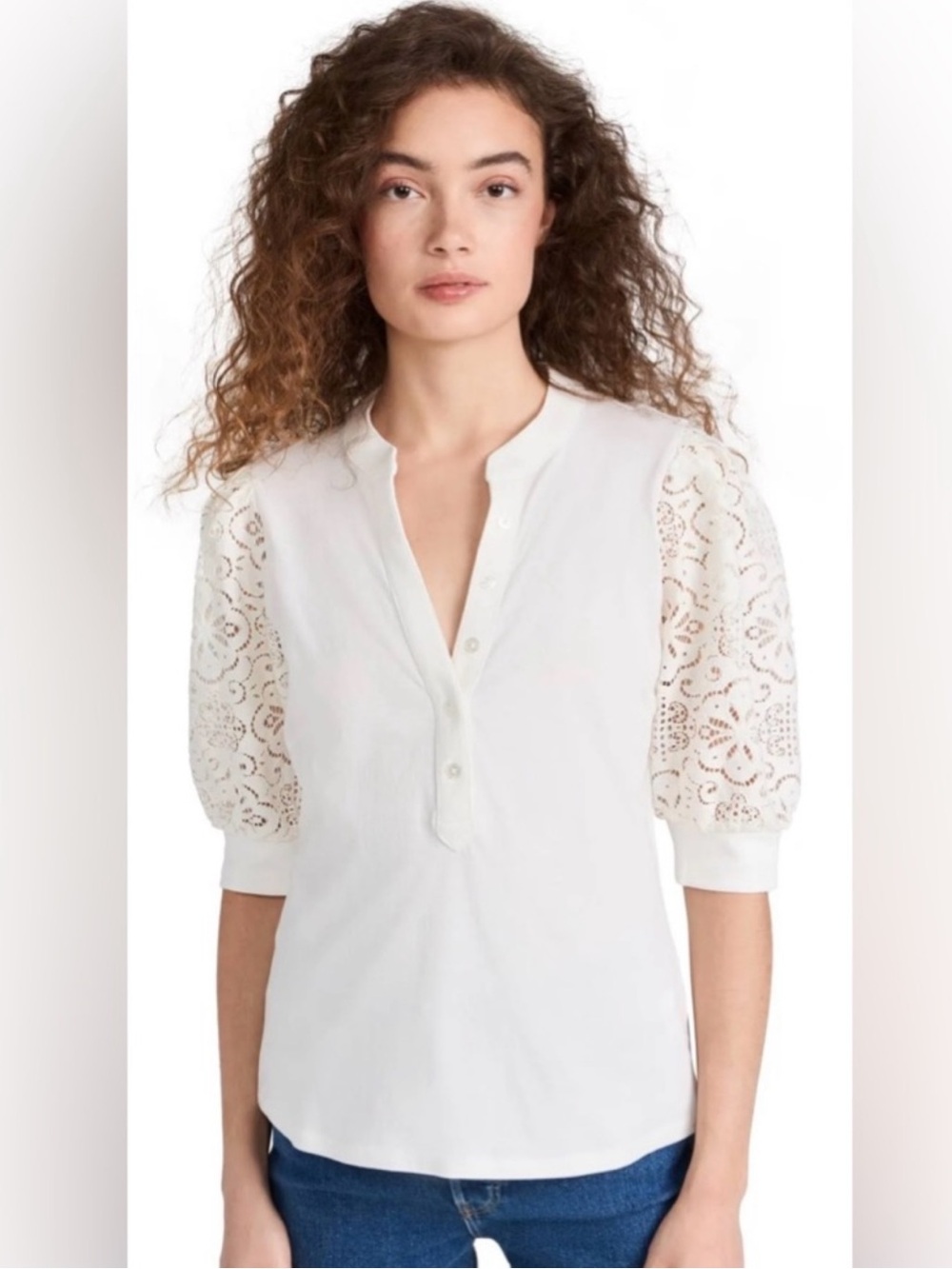 Veronica Beard White Eyelet Lace Puff Sleeve Top